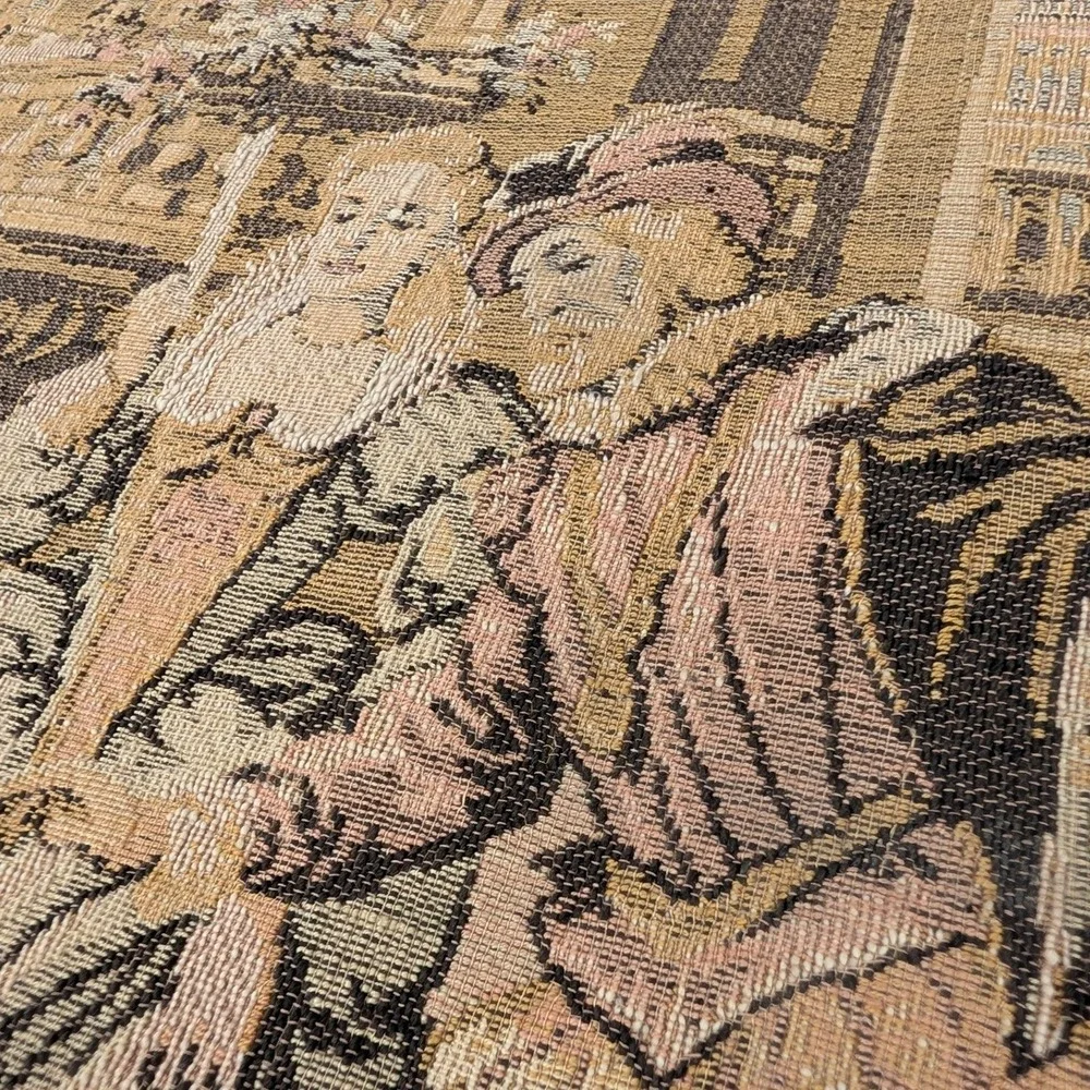 Vintage Belgium Woven Tapestry Venetian Courtyard Scene Fringed Wall Art